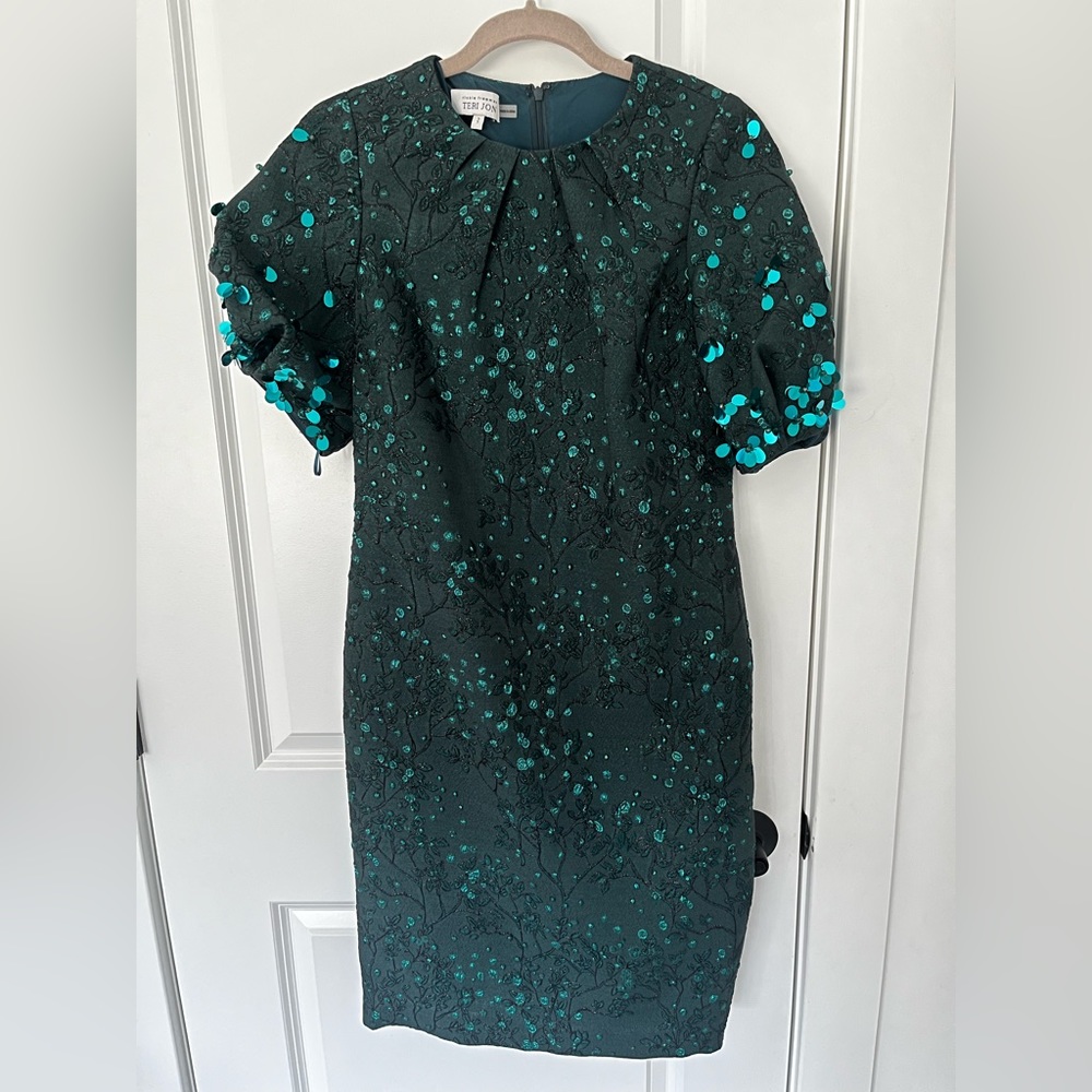 Teri Jon emerald green sequin dress with puff sleeves